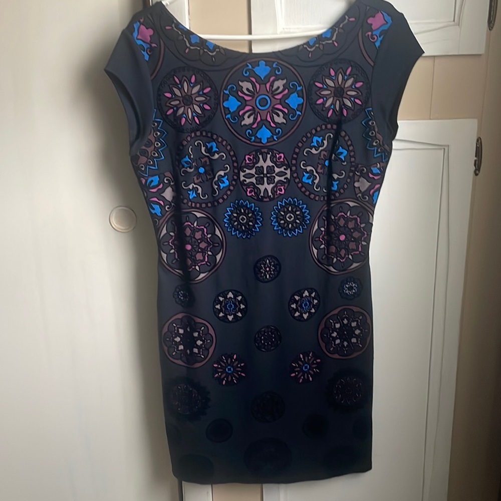 NWT Desugual dark grey dress with purple and blue designs. Size Large.